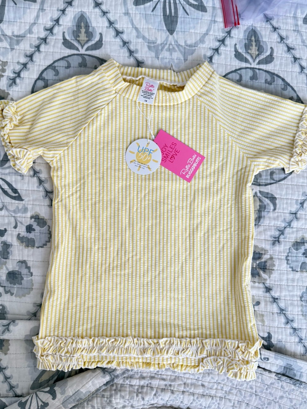 NWT RuffleButts Girls Yellow Striped Ruffle Top UPF 50+ Size 10